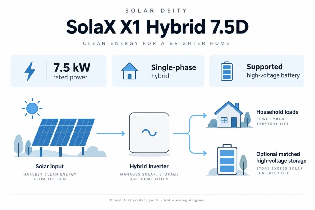 SolaX X1 Hybrid 7.5D single-phase system concept; battery compatibility and electrical limits depend on the supplied generation.