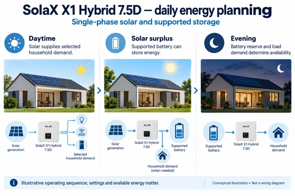 Illustrated daytime, surplus-storage and evening-use sequence for an X1 Hybrid system; not an installation photograph or an energy-yield promise.