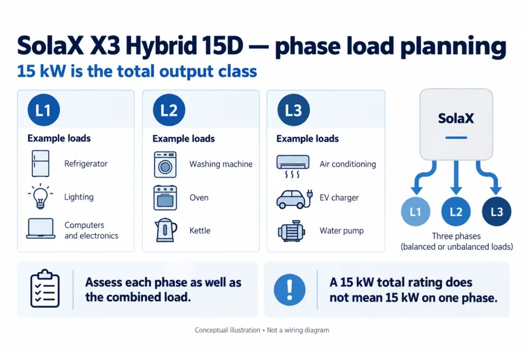 Conceptual load grouping across three phases for the X3 Hybrid 15D; appliance icons do not establish per-phase capacity.