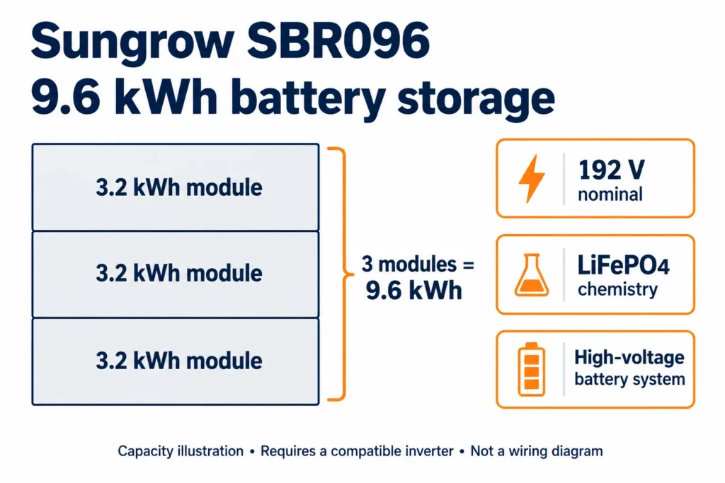 SBR096 capacity illustration: three 3.2kWh modules; not a wiring diagram.