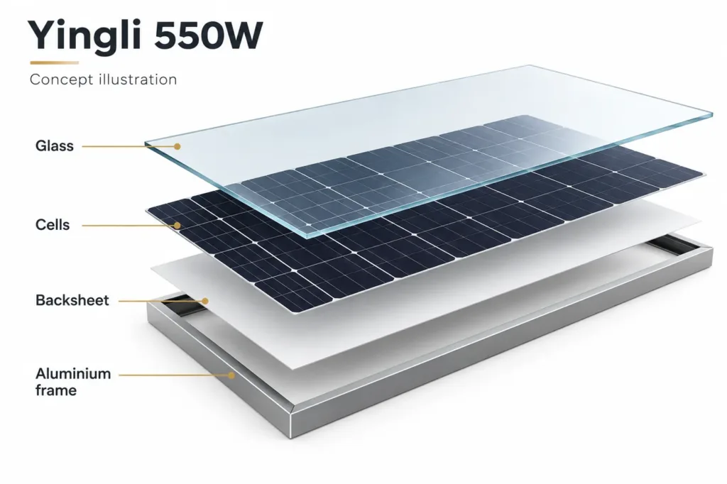 Yingli 550W selection or construction concept; generated illustration, not a model drawing or wiring instruction.
