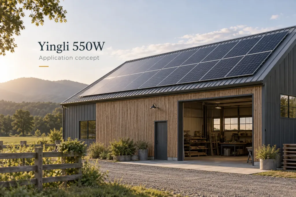 Yingli 550W application concept with generic modules; generated illustration, not an installed-project photograph.
